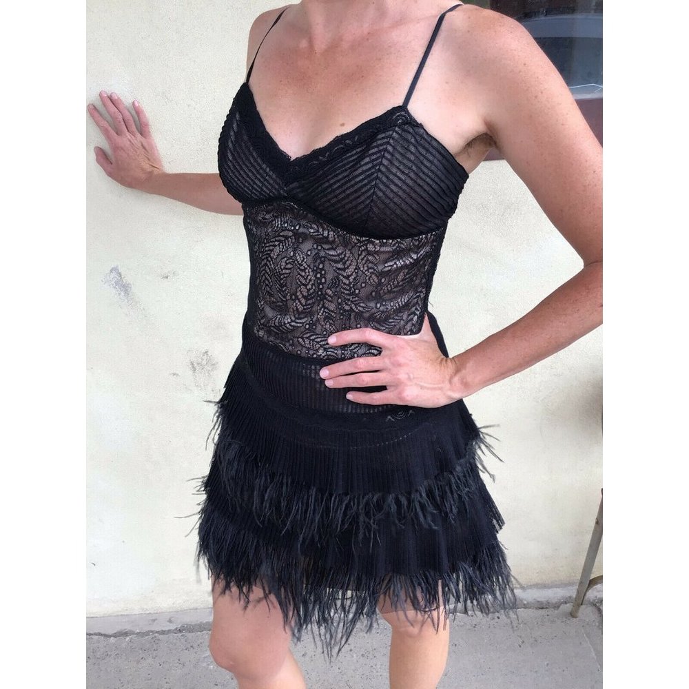 BCBG Maxazria Black Lace W/Feather Details Dress